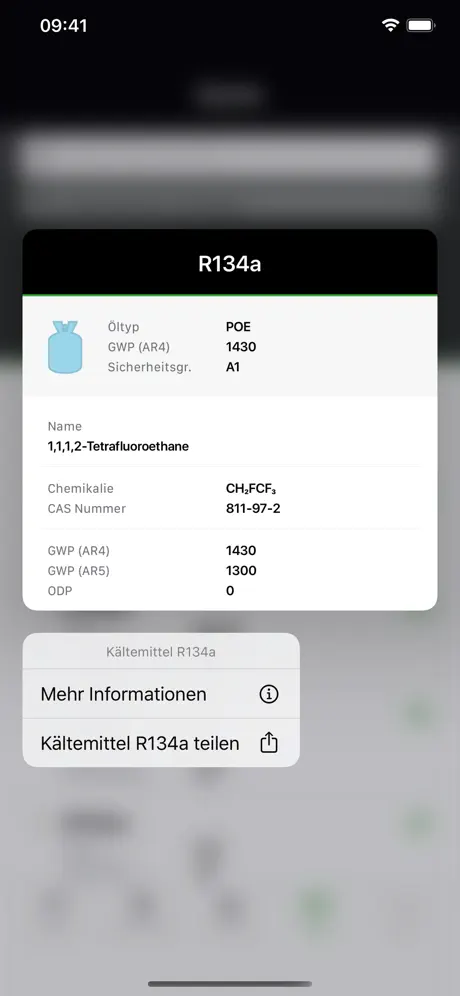 Detailkarte zu R134a mit Name, Summenformel, CAS-Nummer, GWP und ODP, darunter die Aktionen „Mehr Informationen“ und „Teilen“.