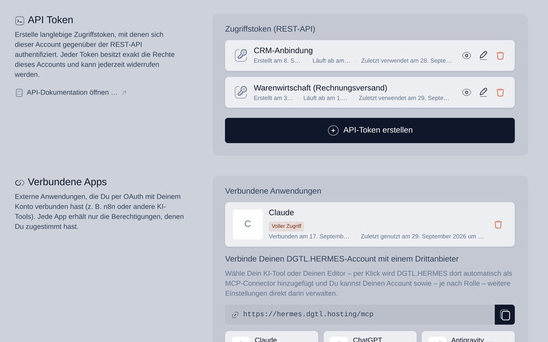 API tokens and apps connected via MCP such as Claude in DGTL.HERMES