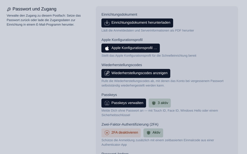 Access settings in DGTL.HERMES with passkeys, two-factor authentication and recovery codes