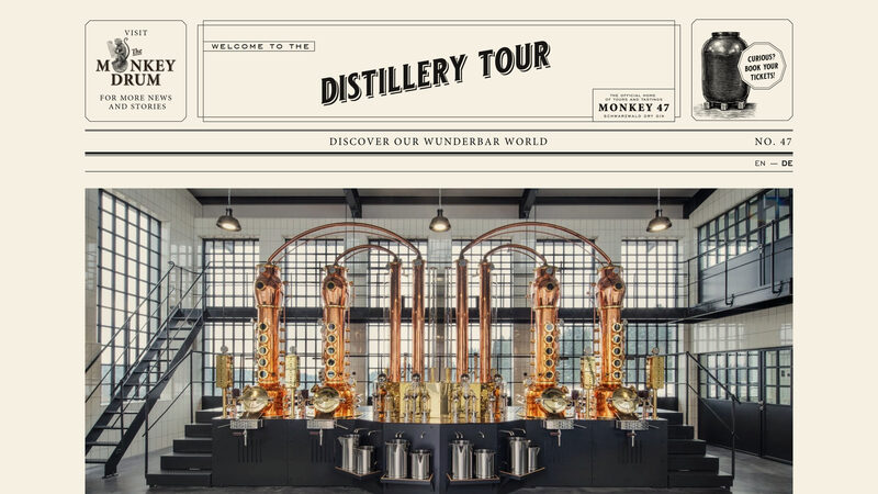 Monkey 47 Distillery Tour booking page with a “Distillery Tour” newspaper masthead and a photo of the copper stills in the distillery