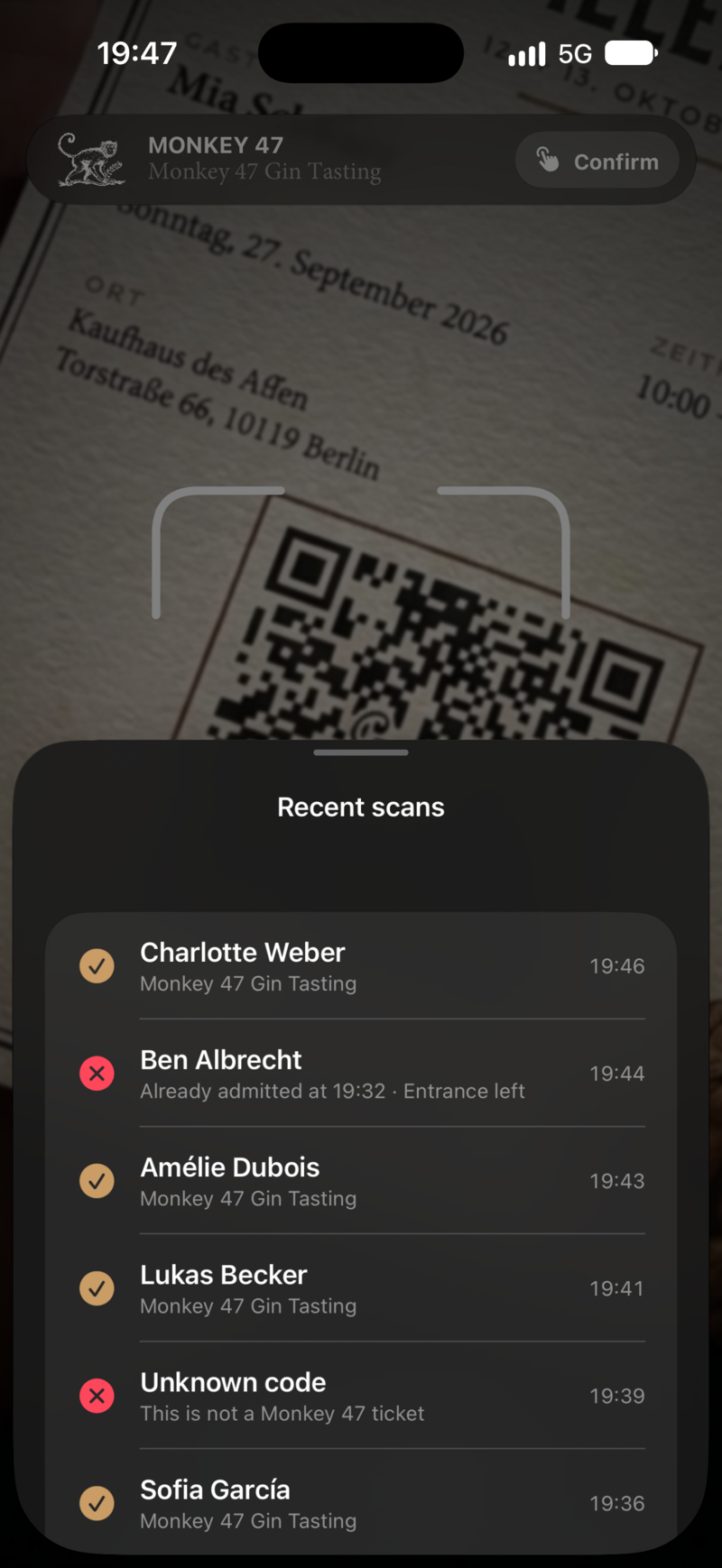 Recent scans: valid tickets with a check mark, one ticket already admitted and an unknown code.