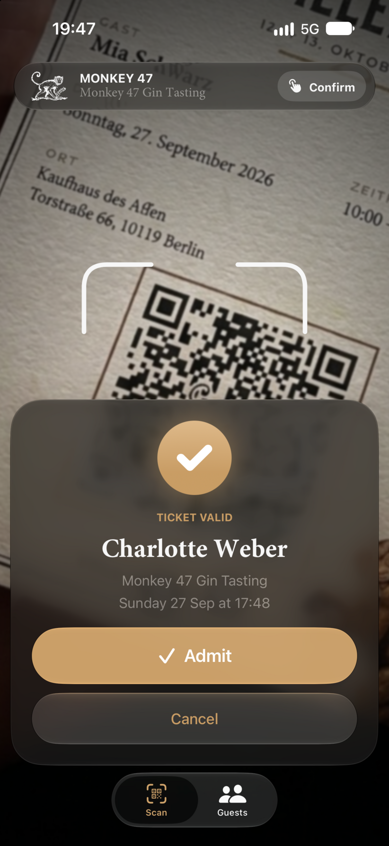 Scanned ticket: “Ticket valid” for Charlotte Weber with the buttons “Admit” and “Cancel”.