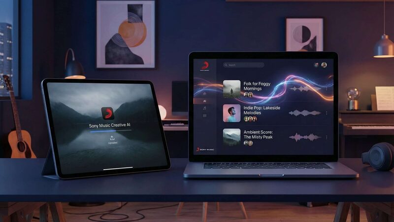Tablet and laptop on a desk in a music room in the evening: the tablet shows an upload in “Sony Music Creative AI”, the laptop a selection of matching playlists such as “Folk for Foggy Mornings” and “Ambient Score: The Misty Peak”.