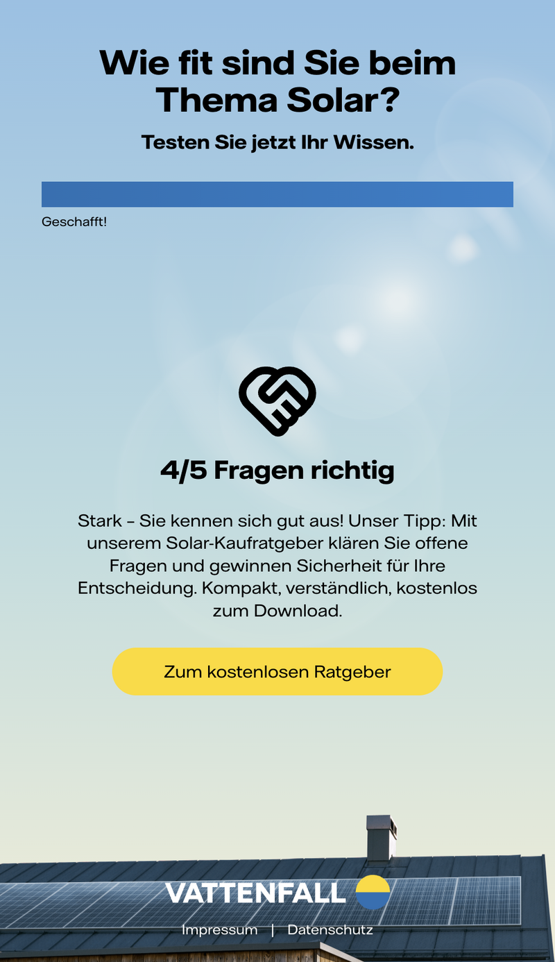 Ergebnis des PV-Quiz: „4/5 Fragen richtig“ mit Tipp und Button „Zum kostenlosen Ratgeber“.